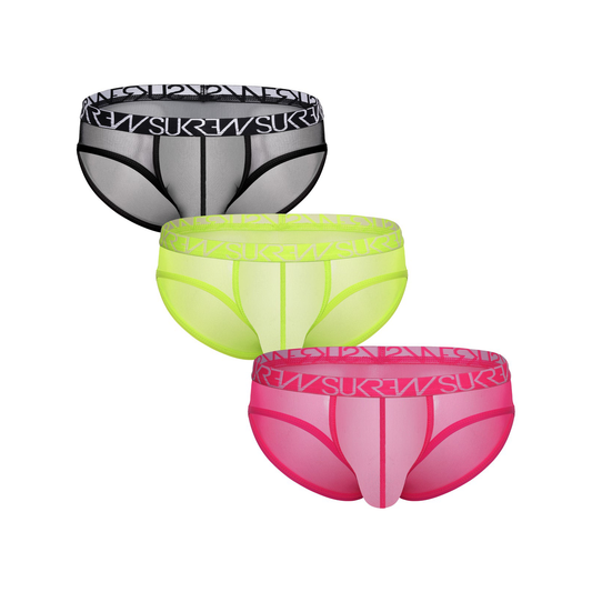 SUKREW Sheer Low-rise Brief Multipack 1x Underground Black + 1x Acid Yellow + 1x Electric Pink