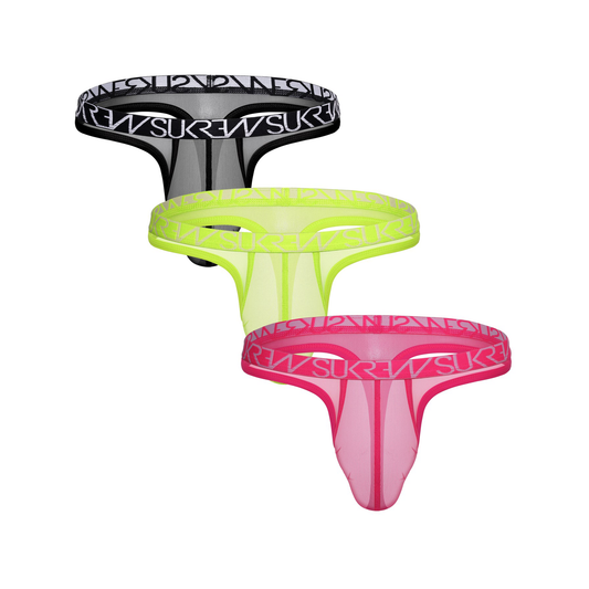 SUKREW Sheer Low-rise Thong Multipack 1x Underground Black + 1x Acid Yellow + 1x Electric Pink
